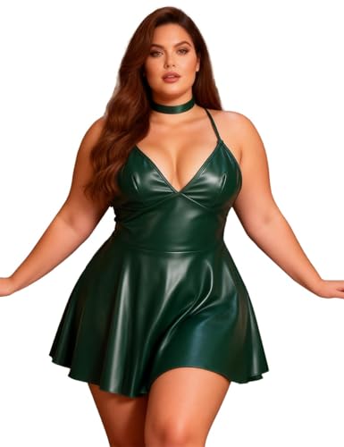 sunshinelady Women Plus Size Babydoll Lingerie PU Leather Lingerie Set Backless V Neck Clubwear Sexy Spaghetti Strap Mini Dress for Nightclub Evening Events Green 3XL