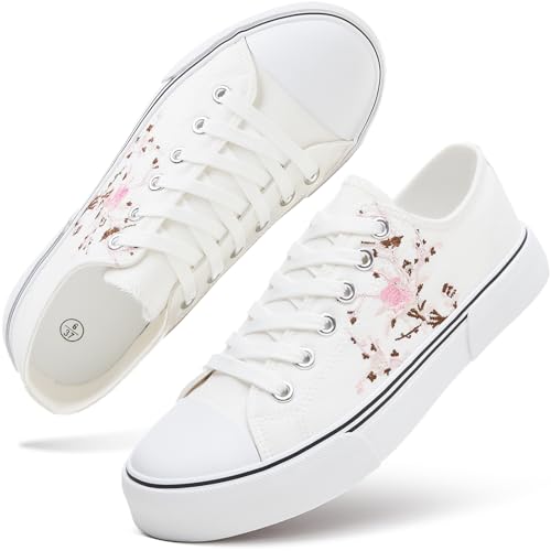 hash bubbie Women's Canvas Shoes Fashion Canvas Sneakers for Women Casual Tennis Sneakers Low Top Walking Shoes(White Embroidery Flower.US7)