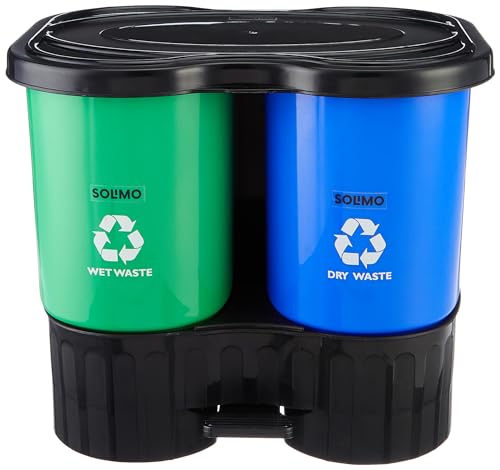 Amazon Brand - Solimo Plastic Oval Step-On Pedal 2-In-1 Dual Dustbin With Lid-15.4 Liters|Green&Blue