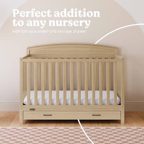 Image of Graco Benton 5-in-1 Convertible Crib with Drawer, Driftwood | GREENGUARD Gold Certified, Converts from Baby Crib to Toddler Bed, Daybed and Full-Size Bed, Full-Size Nursery Storage Drawer