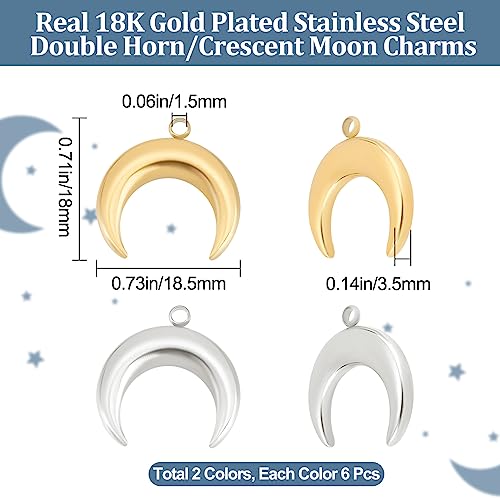 Beebeecraft 12Pcs 2 Colors 18K Gold Plated Moon Charm Silver and Gold Double Horn Dangle Charms with Plastic Box for DIY Necklace Earrings Bracelet Jewellery Making - Image 2