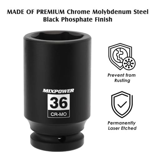Image of MIXPOWER 3 /4 inch Drive Deep Impact Socket, 36mm, CR-MO, Metric, 6 Point, Axle Nut Impact Grade Socket for Easy Removal