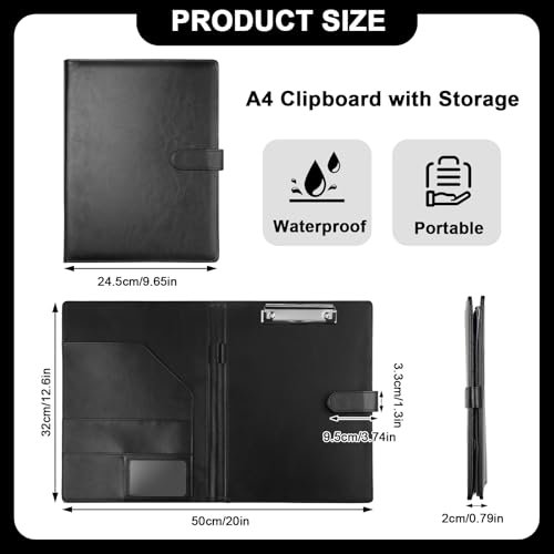 Klemmbrett A4 mit Deckel, PU-Leder Klemmbrettmappe Schreibmappe Klemmbrett mit Schreibblock Dokumentenfächern Stifthalter Magnetverschluss Konferenzmappe A4 für Bürobedarf Schule (Schwarz)