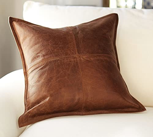 Leather Jackson Leather Throw Pillow Cover Brown Modern Decorative Cushion Covers With Hidden Zipper Closure For Living Room & Bedroom (24 X 24 Inches) #TOP2