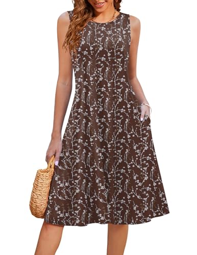 Image of HOTOUCH Summer Casual Dresses for Women Sleeveless Midi Dress Swing Tank Sundress Pleated Tshirt Dress with Pockets