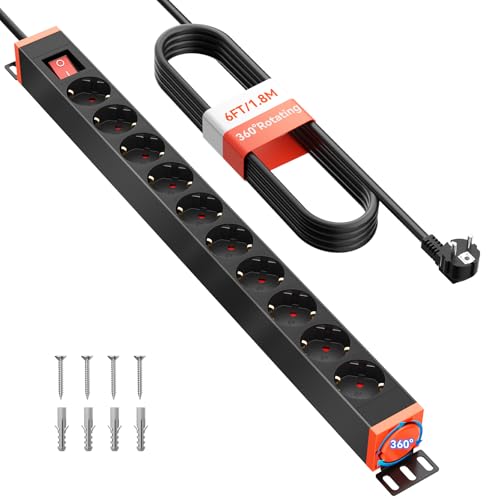 Regleta 10 Tomas con Protección contra Sobretensiones, Base Múltiple 360° Giratoria para Montaje en Pared, 16A 4000W, con Interruptor, Cable de 1,8 m, para Oficina y Hogar, Negra