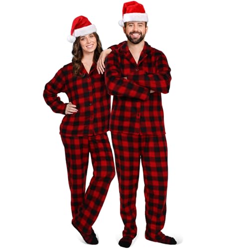 Christmas Couples Pajamas Matching Set Family Pajama Xmas Fleece Button Plaid Sleepwear with Sock and Christmas Hat