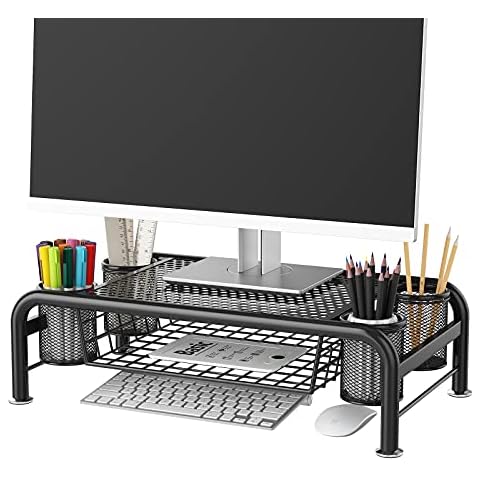 AcornFort H-504 Extra Large Height Increasing 50x30x15cm Black Mesh Metal Heavy Duty Monitor Stands Printer Holder Desk Tidy Organiser Riser with Drawer and 4 Side Pens Compartments Containers Cover
