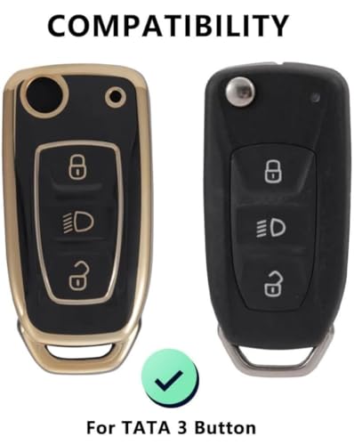 Image of TPU Car Key Cover Black & Golden Compatible for TATA Nexon, Punch, Altroz, Tigor, Tiago, Zets, Bolt, Hexa, Storme (TATA, 3 Button Flip Key)