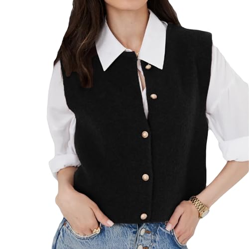 Wowcarbazole Women's Sweater Vest Sleeveless Cropped Button Down Cardigan Vests Casual Trendy Crewneck Knit Tank Tops