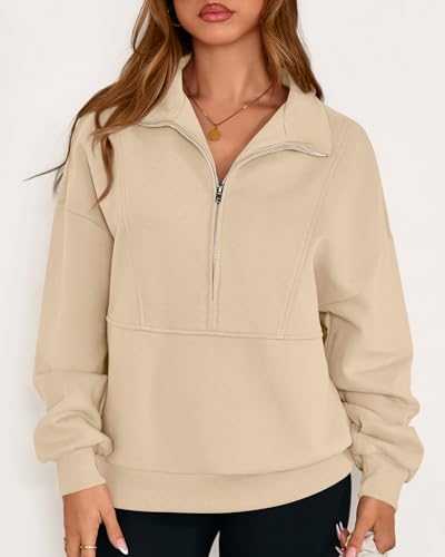 KIRUNDO Sweatshirt for Women 2026 Fall Half Zip Pullover Oversized Fleece Mock Neck Hoodies Fashion Outfits Winter Clothing(Beige, Medium) — view 6