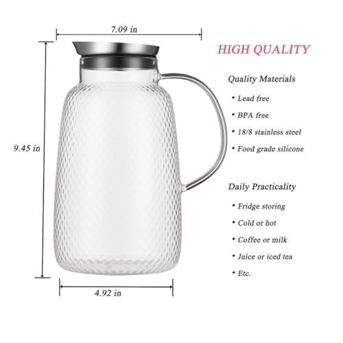 Purefold Pitcher with Lid, 78 oz Glass Jug with Stainless Steel Lid for Hot and Cold Water, Fruit Tea, Coffee Maker, Ice Tea, Juice, Pineapple Series (Clear)