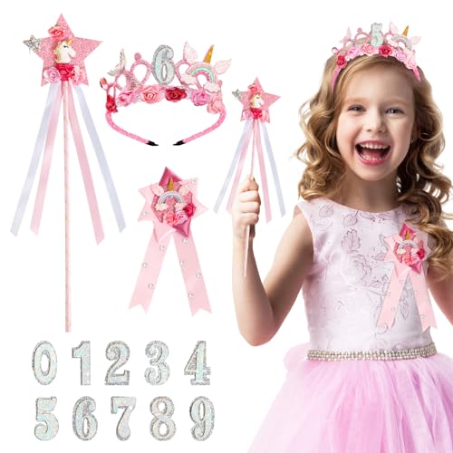 BOOMTOP Diadema Corona Cumpleaños Niñas con Números Intercambiables del 0 al 9, Corona Unicornio Regalo Niñas, Diadema Infantil Corona Niñas Cumpleaños, Kit Sombrero Broche Unicornio/Varita Mágica