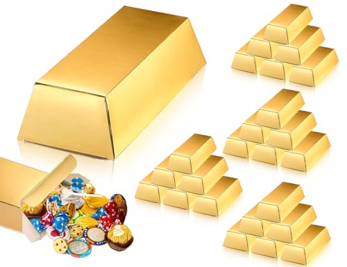 Lhbwhiz - Juego de 24 cajas de caramelos de lingote de oro, caja de monedas de oro, cajas de papel de hoja de oro de ladrillo al tesoro, caja de chocolate con tesoro de fiesta, decoración de