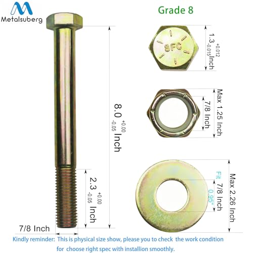 Image of 7 /8 inch x 8 inch Hex Head Bolt by Color Galvanization with Nylon Lock nut and Large Size Washer Assortment Kit,Alloy Steel,Grade 8.(2pcs Pack),by Metalsuberg