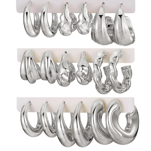 IFKM 9 Pairs Silver Hoop Earrings IFKM 9 Pairs Silver Hoop Earrings Set for Women Hypoallergenic Chunky Chain Twisted Open Hoops Dangle Earring Packs for Birthday Party Fashion Jewelry for Women