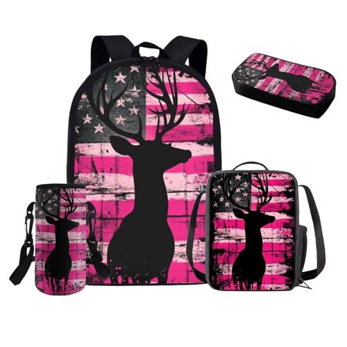Deer Hunting Girls School Backpack 8-10 Years Old Pink American Flage School Bookbag with Lunch Box Set of 4 School Backpack for Middle School Casual Travel Daypack Rucksack2