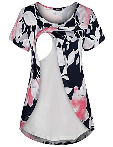 Quinee Maternity Clothes for Women, Mother Short Sleeve Plus Size Nursing Shirts Hip Length Relaxed Fit Cozy Nightshirt Casual Floral Printed Breastfeeding Tunic Tops Red L