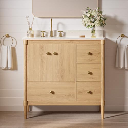 LIKIMIO 36 Inch Bathroom Vanity with Sink and Countertop, Quartz Top with Splash Guard, Ample Storage & Hidden Power Outlet, Wood Tone Gold Handles, Scandinavian Style