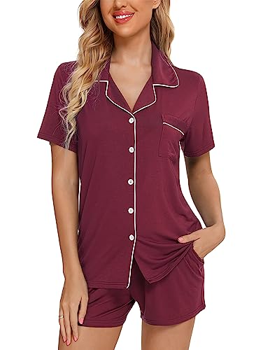 Image of Pjmlifecoco Women's Modal Pajama Set Short Sleeve Button Down Two Piece Soft Sleepwear with Shorts Loungewear S-XXL