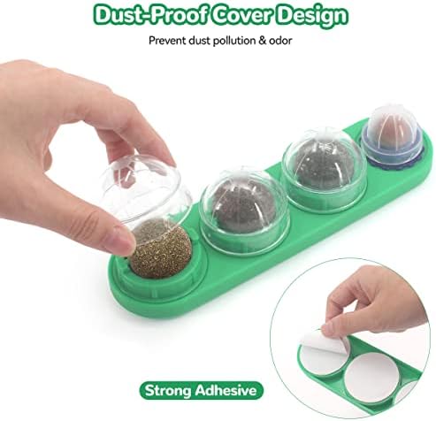 Aucenix Catnip Ball for Cats Wall, 3-In-1 Catnip Toys Balls for Cat Licking, Natural Rotatable Edible Treats Ball Roller with Self-Adhesive Kitten Candy for Cleaning Teeth, Protect Stomach (Green)
