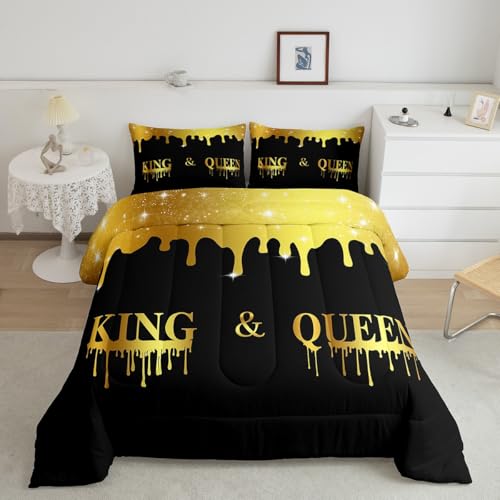 Image of Feelyou King and Queen Comforter Set King Size, Glitter Mr Mrs Comforter for Couple Man Woman Couple Lover Bedding Set Valentine Day Duvet Set Couple Bed Set 3Pcs