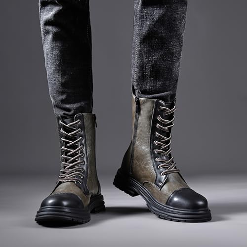 rismart Men's Motorcycle Boots PU Leather Mid Calf Casual Combat Boot with Zipper2