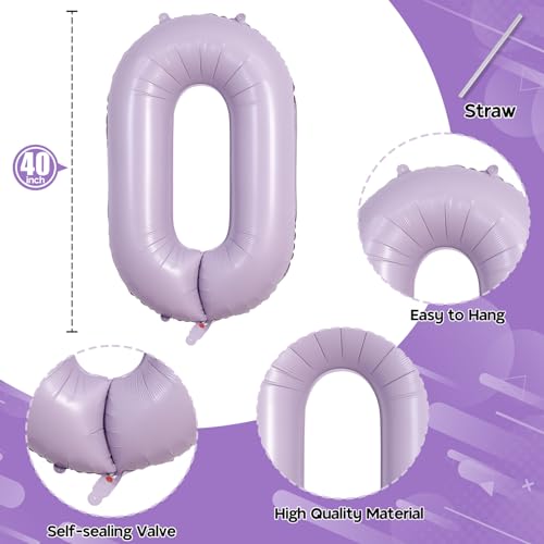 Image of Pastel Purple Number 0 Balloons 40 Inch, Large Lilac Number Balloons 0-9 Set, Light Purple 0 Mylar Foil Balloon Numbers for Girls Women Baby Shower Birthday Graduation Anniversary Party Decorations