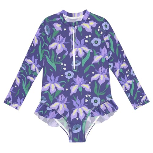 Image of CaTaKu Girls Rash Guard Swimsuit Long Sleeve One Piece Bathing Suit UPF 50+ Toddler Kids Zipper Ruffle Swimwear 3-12Y