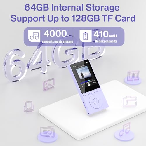 Image of 64GB MP3 Player with Bluetooth 5.3, Music Player with HiFi Sound for Sports Runners, 2.4 inch Screen MP3 Player Built in HD Speaker Voice Recorder E-Book, Expanded Up to 128GB, Earphone Included, Purple