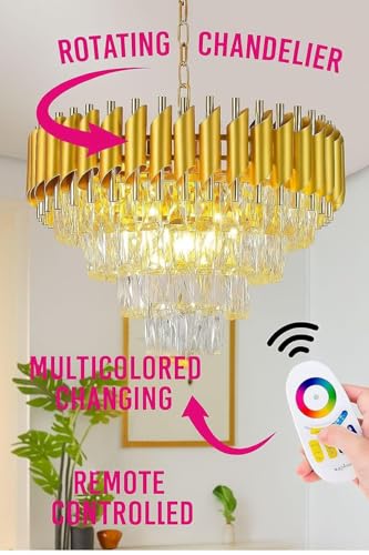 Image of RD.Enterprises || Modern Crystal 4-Tier Gold Chandeliers | Moving Round |Bluetooth Remote Control and Speaker,Multi Colour Changing |Ceiling Light Fixture for Living Room (Full Gold Remote, 500MM)