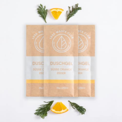 Less Waste Club Duschgel Pulver 3er Set | süsse Orange Zeder | nachhaltige & veganes Duschge| ohne Mikroplastik | pH- Neutral | ohne Silikone | feuchtigkeitsspendend