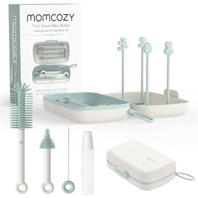 Momcozy Juego de cepillos 7 en 1 para biberones Kit Completo de Limpieza de biberones con Cepillo de Silicona Cepillo para pezón Cepillo para Pajita dispensador de jabón y Estante de Secado
