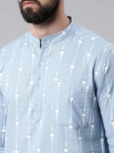 Image of Zombom Men's Cotton Polyester Blend Solid Regular Fit Full Sleeve Printed Short Kurta | Ethnic, Lightweight Summer Kurta for Daily & Occasion Use | Men's Trendy Short Kurta