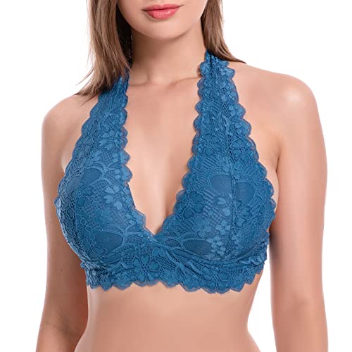Image of Floral Lace Halter Bra Bralette Top Hook and Eye Closure Back Unpadded Wirefree Lace Bra