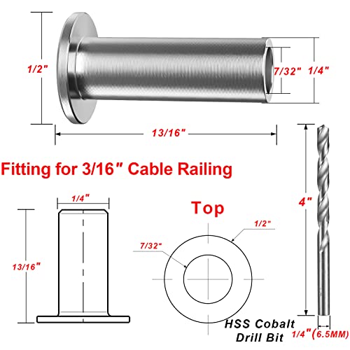Steel Dn Mate 70 Pack Stainless Steel Protector Sleeves For 1/8" 5/32" Or 3/16" Cable Railing, Cable Protector Sleeves For Cable Railing System,T316 Cable Railing Hardware With A Drill Bit, Dk71 #TOP1