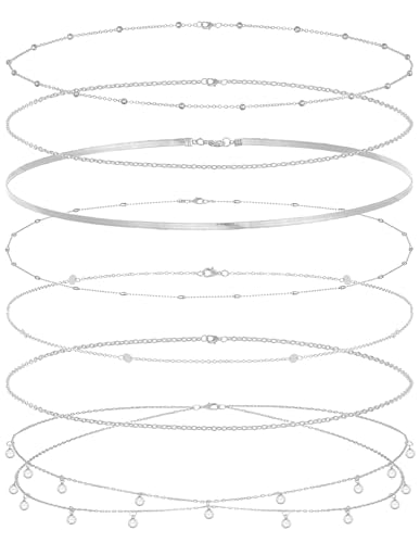 Wrlcorly 8Pcs Waist Chain 18K Gold Plated Belly Belt Chains Sexy Bikini Summer Beach Satellite Beaded Sequin Snake Layered Coin CZ Body Chain Jewelry Accessories for Women Gold Silver Tone Adjustable