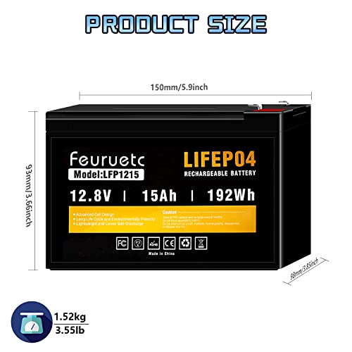 Feuruetc 12V 15Ah Deep Cycle Lifepo4 Battery, 3000+ Cycles Lfp15Ah Rechargeable Battery, Maintenance-Free Battery For Golf Cart, Boat, Solar System, Ups Etc Rechargeable Lithium Iron Phosphate Battery #TOP3