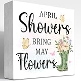 z-crange April Showers Bring May Flowers Spring Wooden Box Sign,Spring Wood Block Sign for Home Bedroom Office Farmhouse Shelf Wall Desk Decor