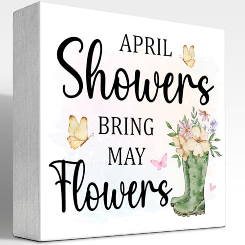 z-crange April Showers Bring May Flowers Spring Wooden Box Sign,Spring Wood Block Sign for Home Bedroom Office Farmhouse Shelf Wall Desk Decor