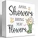 z-crange April Showers Bring May Flowers Spring Wooden Box Sign,Spring Wood Block Sign for Home Bedroom Office Farmhouse Shelf Wall Desk Decor