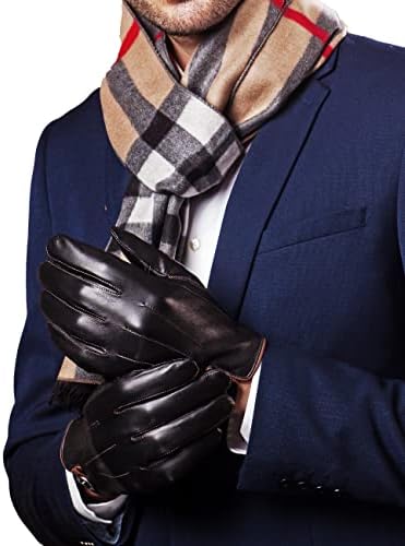 YISEVEN Winter Men's Lambskin Leather Gloves Warm Fleece Fur Lined Touchscreen Button Three Point Heated Genuine Sheepskin Dress Driving Motorcycle Cold Weather Gifts, Black 9.5"/Large