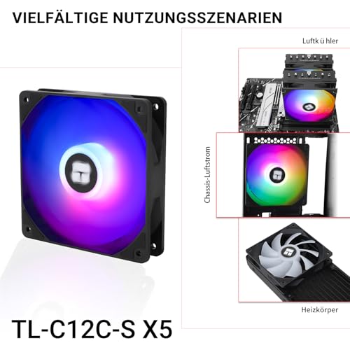 TR-Thermalright TL-C12C-S X5 120mm 5er-Pack CPU PWM ARGB Lüfter, 1550U/min Stille Kühlung, Schwarzer CPU-Lüfter, Kann mit Chassis/CPU-Kühler Gekoppelt Werden