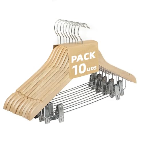 MERCURY TEXTIL - Perchas Ropa de Madera con Pinzas y Muescas Antideslizantes, Pinzas con PVC para No Dañar la Ropa, Gancho Giratorio 360°, Perchas Madera Maciza sin Astillas.(Madera, 10 Unidades)