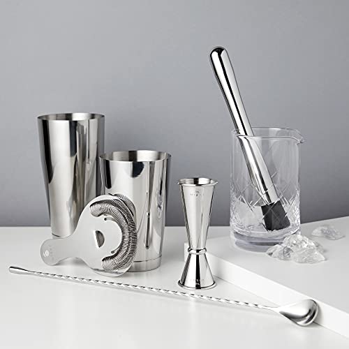 Viski Metallic Cocktail Shaker Set 7Pcs Kit, Drink Mixers For Cocktails Gift Essentials: Tin On Tin Shaker, Mixing Glass, Hawthorne Strainer, Double Jigger, Muddler And Barspoon #TOP1