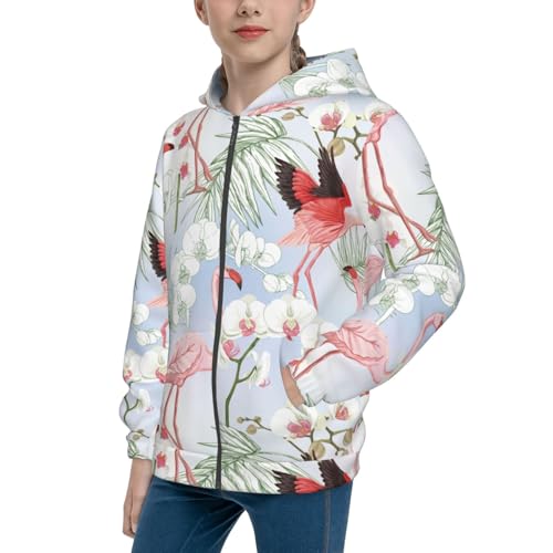 Tropical Plants and Flamingo Kid Hoodies Boys Zip Up Sweatshirts Girls Pullover with Pocket