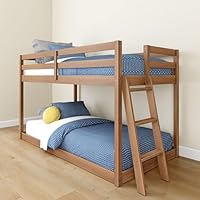 Grain & Grove Bear Twin Over Twin Bunk Bed, Low Bunk Bed Frame for Kids, Bunk with Ladder, Guardrail, and Slats, No Box Spring Required, Oak Embossed Pecan