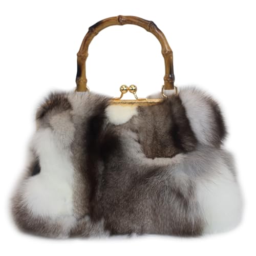 Fosrion Real Fox Fur Handbag – Vintage Kisslock Purse with Bamboo Handle, Patchwork from Ethically Sourced Nordic Fur