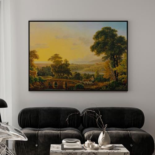 Image of ARTCREST Hilly Landscape with River and Bridge Painting on Canvas | Large Black Framed Scenic Wall Art for Living Room, Hallway Walls & Reception Areas | Elegant Landscape Canvas Decor (20x28 Inches)
