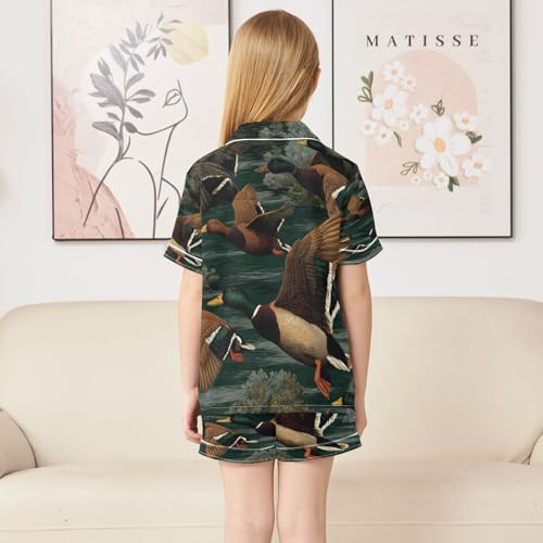 Satin Pajama Sets Short Sleeve Flying Ducks Button Down Silky Nightwear 2 Piece PJS 5-14Y4